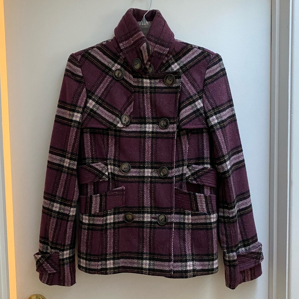 Purple plaid wool pea coat
